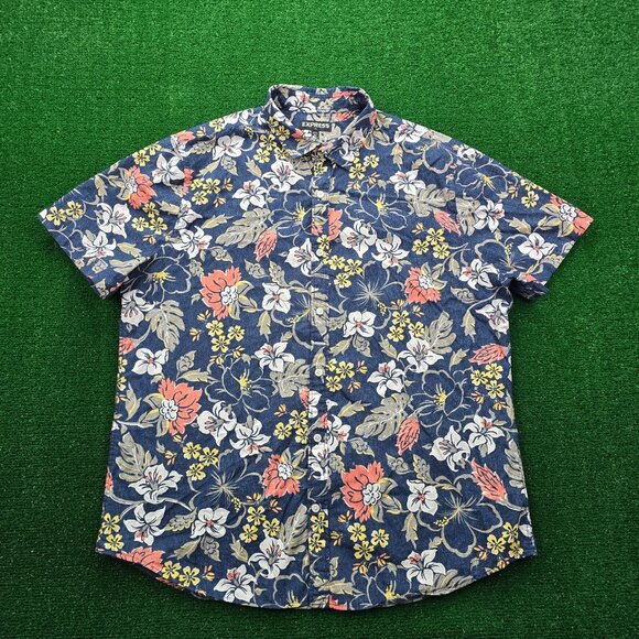 Express Shirt Mens XL 17-17.5 Blue Button Up Floral Hawaiian Summer Beach AOP - Picture 1 of 7
